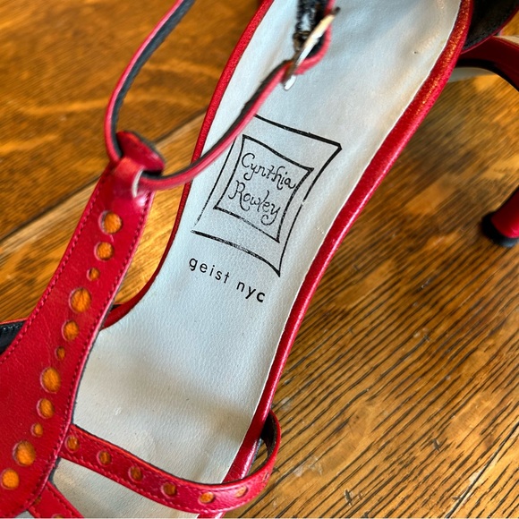 Vintage Red Leather Designer Sandal Heels with Orange Dot Details - Picture 6 of 7